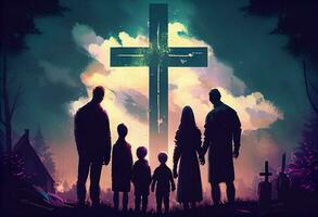 Easter concept. Parents and children worship on the cross background. Generate Ai. photo