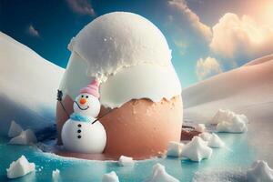 Snowman in an ice cream stone, chute winter-summer concept. Generate Ai photo