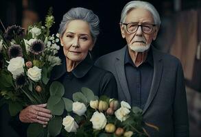 Senior man standing with attractive woman holding flowers on funeral. Generate Ai. photo