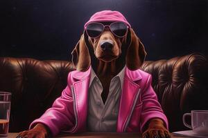 dachshund dog pink gangster in neon bar illustration photo