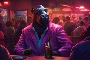 hipopótamo rosado gángster en neón bar ilustración generativo ai foto