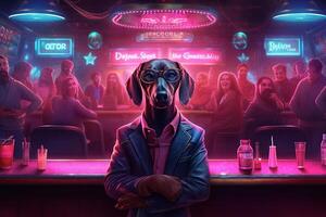 perro tejonero perro rosado gángster en neón bar ilustración generativo ai foto