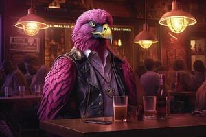 pink eagle draped in a stylish leather jacket that symbolizes its status among the underworld elite in neon bar illustration photo