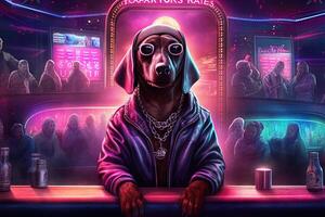 perro tejonero perro rosado gángster en neón bar ilustración generativo ai foto