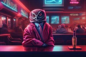 pink owl draped in a stylish leather jacket that symbolizes its status among the underworld elite in neon bar illustration photo