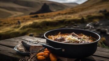 islandés plokkfiskur con vista a geysir foto