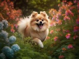 el juguetón pomeranio en un jardín foto