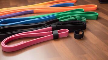 Resistance Bands of Various Strengths on Gym Floor photo