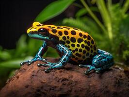 el vibrante monitor de el veneno dardo rana en selva maleza foto