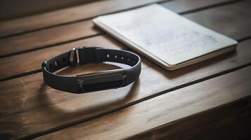 Fitness Tracker on a Wooden Table next to a Notebook photo