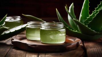 Aloe Vera Gel And Plants On Wooden Table photo