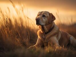 tomando el sol en el dorado puesta de sol con un Labrador perdiguero foto