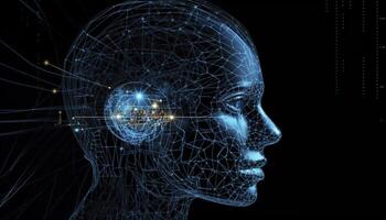 Artificial intelligence, a humanoid cyber human with a neural network thinks. AI concept of big data or cyber security. Chat GPT concept. AI with a digital brain processes big data. photo