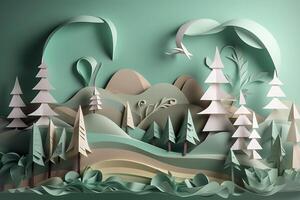 Paper art, renewable energy with green energy such as wind turbines, Renewable energy by 2050 Carbon neutral energy, Energy consumption, and CO2, Reduce CO2 emission concept, photo