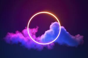 3d render, abstract cloud illuminated with neon light ring on dark night sky. Glowing geometric shape, round frame, photo