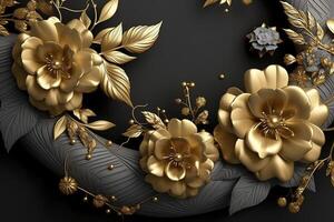 3d mural floral wallpaper. golden and black flowers and leaves. 3d render background wall decor, photo