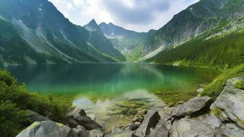 Reflection of mountain range in lake, Grand Teton National Park, generate ai photo