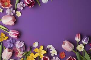 multicolored spring flowers on purple background , generate ai photo