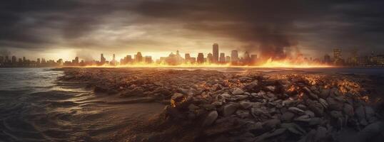 Post apocalypse. Nuclear apocalypse survivor. Ruined Cityscape. Concept. Banner size. Header, A nuclear explosion in the center of the metropolis. The beginning of apocalyptic, generate ai photo