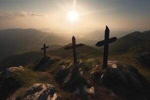 Three cross on the mountain with sun light, belief, faith and spirituality, crucifixion and resurrection of Jesus Christ at Easter, generative AI photo