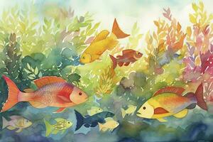 cute tropical fish watercolor hand drawn illustration, generate ai photo