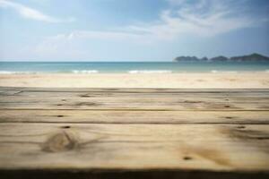 vacío de madera mesa en un hermosa blured tropical playa antecedentes. verano fiesta antecedentes para producto mostrar, generar ai foto