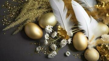 Easter table setting with bunny and golden eggs. Top view, generate ai photo