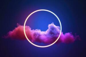 3d render, abstract cloud illuminated with neon light ring on dark night sky. Glowing geometric shape, round frame, generate ai photo