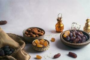 Eid al-Fitr holiday concept with sweet dried dates, fruits and decorations on bright background. Top view from above, generate ai photo