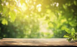 Spring summer beautiful natural background with green foliage in sunlight and empty wooden table outdoors, generate ai photo