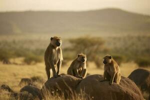 A family of baboons perched on a rocky, generate ai photo