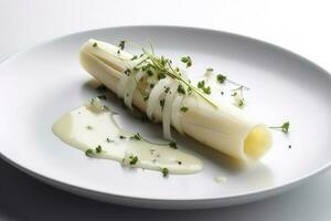 Modern Style Traditional Steamed White Asparagus with Cured Ham and Hollandaise Sauce Served as Top View on a Nordic Design Plate with Copy Space, generate ai photo