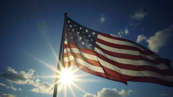 retroiluminado nosotros nacional bandera volador y ondulación en el viento terminado gris Tormentoso nublado cielo, símbolo de americano patriotismo, bajo ángulo, generar ai foto