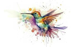 Create a beautiful painting of a hummingbird feeding on nectar watercolor painting, beautiful natural forms, crisp clean shapes, colorful, white background, generate ai photo