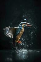 somón martín pescador alcedo en esto el pájaro sostiene un hoja en sus pico, generar ai foto