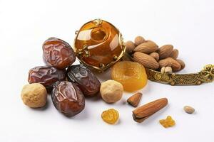 Eid al-Fitr holiday concept with sweet dried dates, fruits and decorations on bright background. Top view from above, generate ai photo