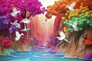 3d mural vistoso paisaje. flores rama multi colores con arboles y agua. cascada y volador aves. adecuado para impresión en lienzo, generar ai foto