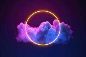 3d render, abstract cloud illuminated with neon light ring on dark night sky. Glowing geometric shape, round frame, generate ai photo