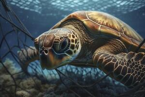 AI illustration of a turtle caught with fishing net. The concept of environmental protection. Sea, ocean turtle need to be freed from fishing nets. No to Dead turtles. photo