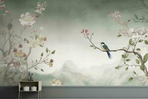 3d floral mural wallpaper with a light simple background. branches of flowers, herbs, birds, and mountains. modern art for wall home decor, generate ai photo