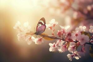 Spring banner, branches of blossoming cherry against the background of blue sky, and butterflies on nature outdoors. Pink sakura flowers, dreamy romantic image spring, landscape panorama, generate ai photo