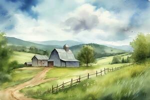 un acuarela pintura de un rural campo escena, presentando un pintoresco granja o granero, laminación sierras, y un azul cielo con mullido nubes, generar ai foto