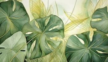 Tropical foliage watercolor background vector. Summer botanical design with gold line art, monstera leaf, green watercolor texture. Luxury tropical illustration for banner , generate ai photo