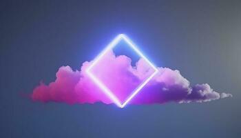 3d render, abstract minimal background with pink blue yellow neon light square frame with copy space, illuminated stormy clouds, glowing geometric shape, generate ai photo