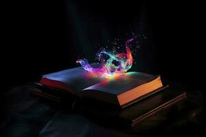 magia libro con abierto paginas y resumen luces brillante en oscuridad - literatura y cuento de hadas concepto, generar ai foto