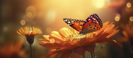 Field of daisies in golden rays of the setting sun in spring summer nature with an orange butterfly outdoors, photo