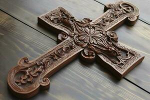 Carved Wooden Cross on fabric stock photo, generate ai photo