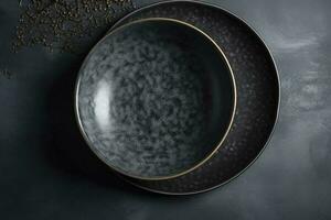 Black craft plate on dark stone table. Top view, copy space, Table setting. background for menu, layout, place for text , recipe background, food flat lay background, generate ai photo