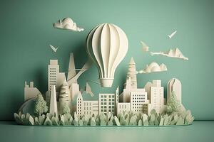 Paper cut of light bulb with green eco city , Renewable energy by 2050 Carbon neutral energy or greenhouse gas emission CO2 , Save energy creative idea concept , photo