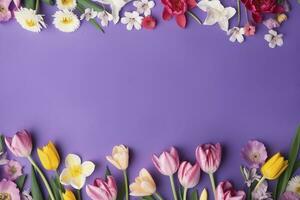 multicolored spring flowers on purple background , generate ai photo